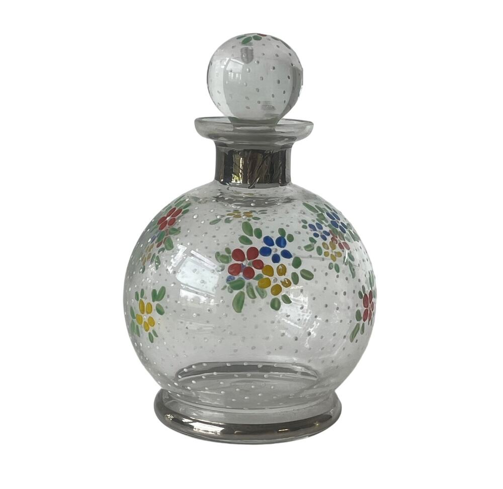 Vintage Czech Hand Painted Glass Perfume Bottle Ball Stopper Dauber Vanity
